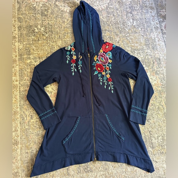 Johnny Was Tops - Johnny Was Floral Embroidered Zip Up Hooded Sweatshirt Jacket Relaxed Fit Navy